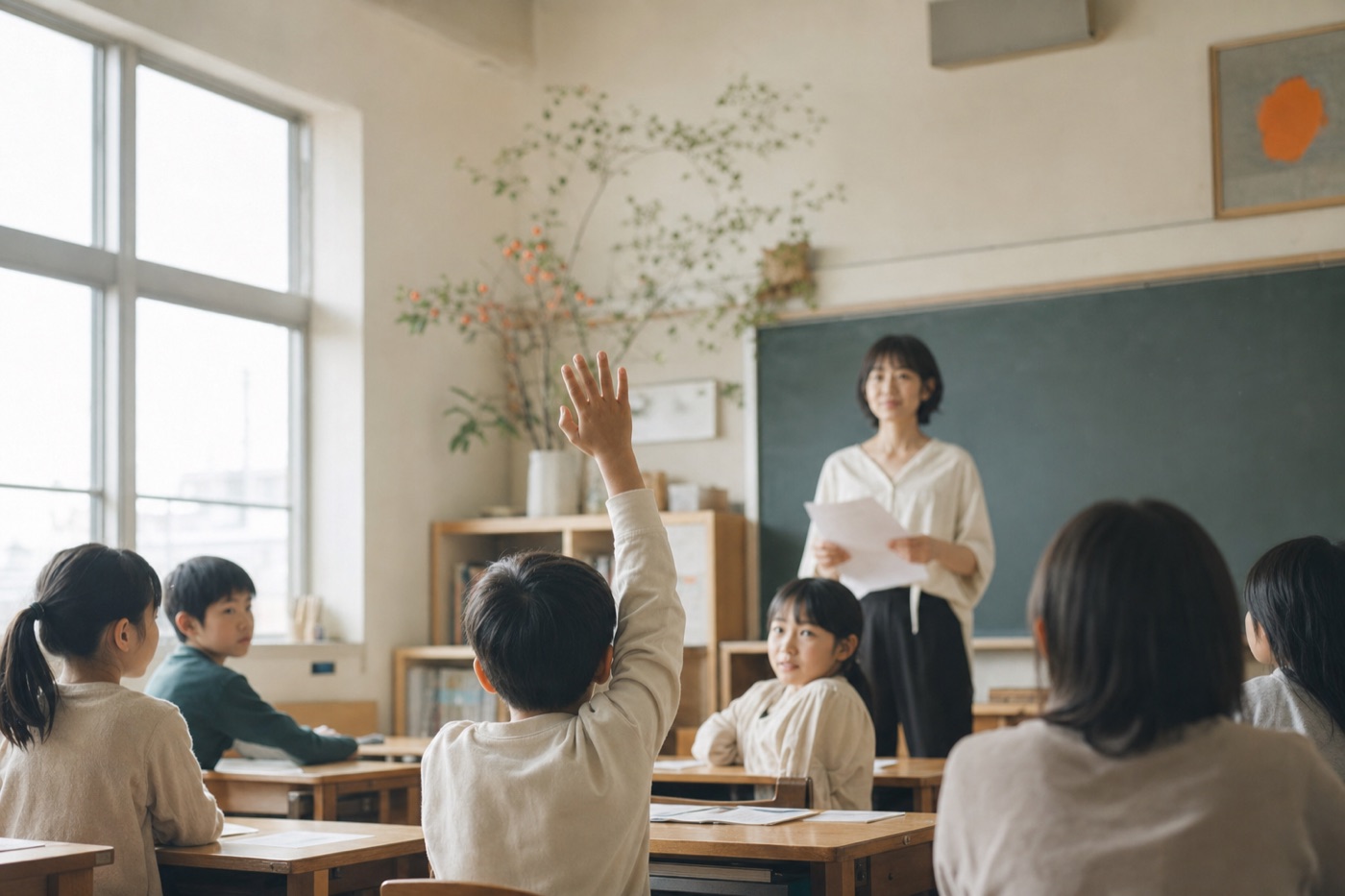 朗読を聴いた男の子が教室で自ら手を挙げる場面のイメージ