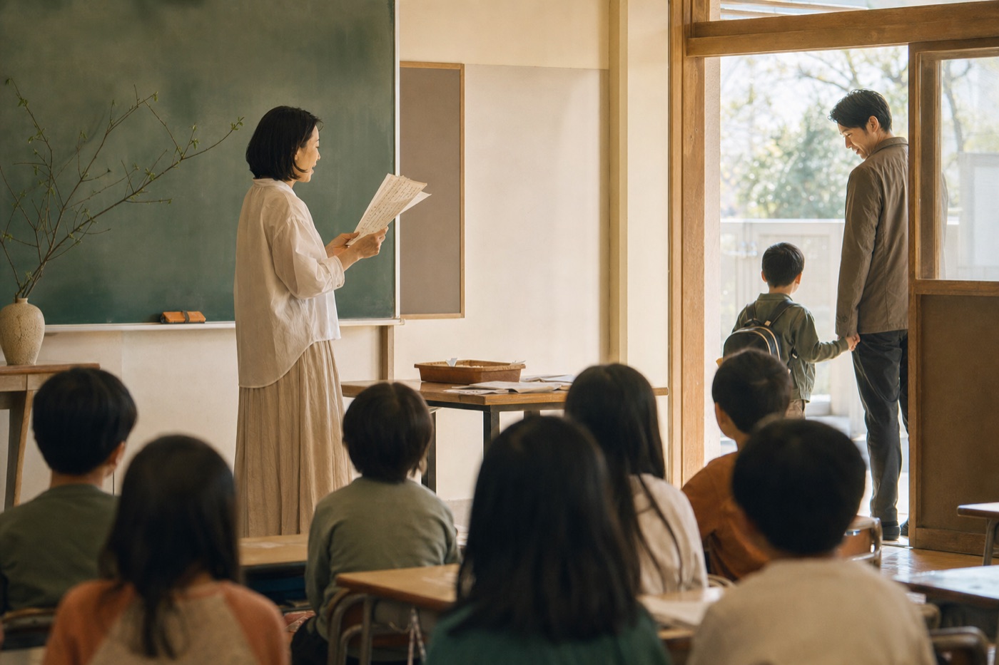 子どもたちが書いた詩を朗読する教室へ親子が訪れる場面のイメージ